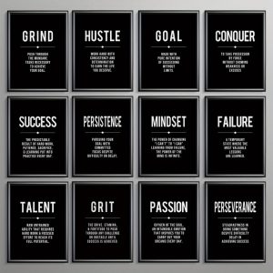 The 12 Commandments 12-piece motivational wall art set by Money Duvet — 3x4 black-and-white typography grid featuring Grind, Hustle, Goal, Conquer, Success, Persistence, Mindset, Failure, Talent, Grit, Passion, Perseverance.