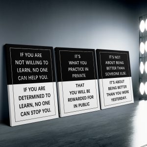 Core Values 3-Piece Wrapped Canvas Set by Money Duvet — black & white Art Deco motivational prints (30x40cm each) displayed in a 3-panel portrait arrangement.