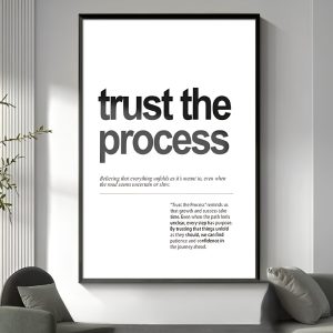 Trust the Process framed motivational print by Money Duvet — minimalist Art Deco typography with black frame, ready to hang.