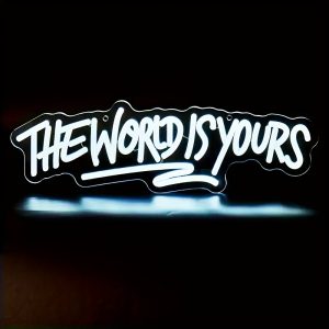 ‘The World Is Yours’ white LED neon sign displayed in a modern home office — motivational light decor by Money Duvet.